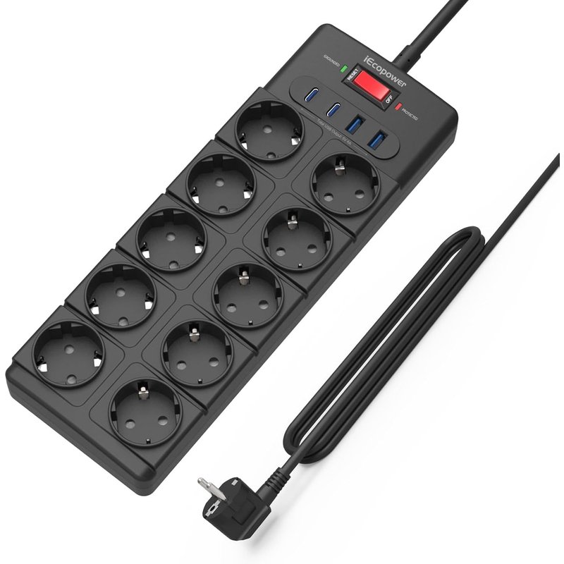 JGD-multiprise 10 Prises,USB multiprise(PD 20W 2 USB-C Ports et 2 USB-A Ports), multiprise avec Interrupteur,4000W/16A,1050 J, multiprise parafoudre et câble d'extension de 2 m, Noir