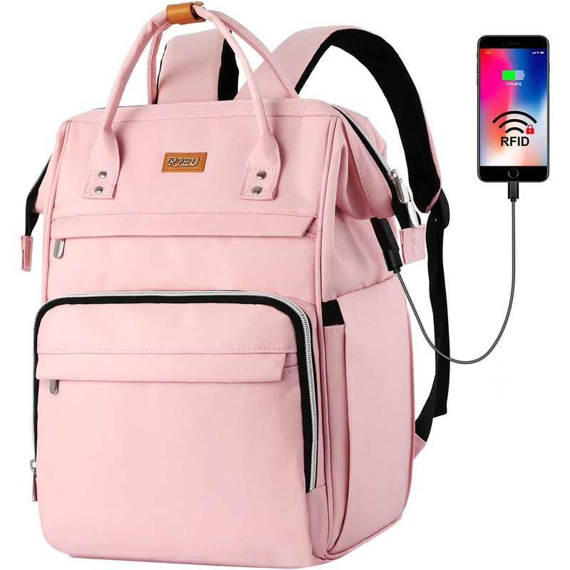 Sac à Dos Scolaires Filles,Sac à Dos Ordinateur Portable 15,6 Pouces Avec Port de Chargement USB et Poche RFID Pour Collège,école,Travail,Voyage(Rose)