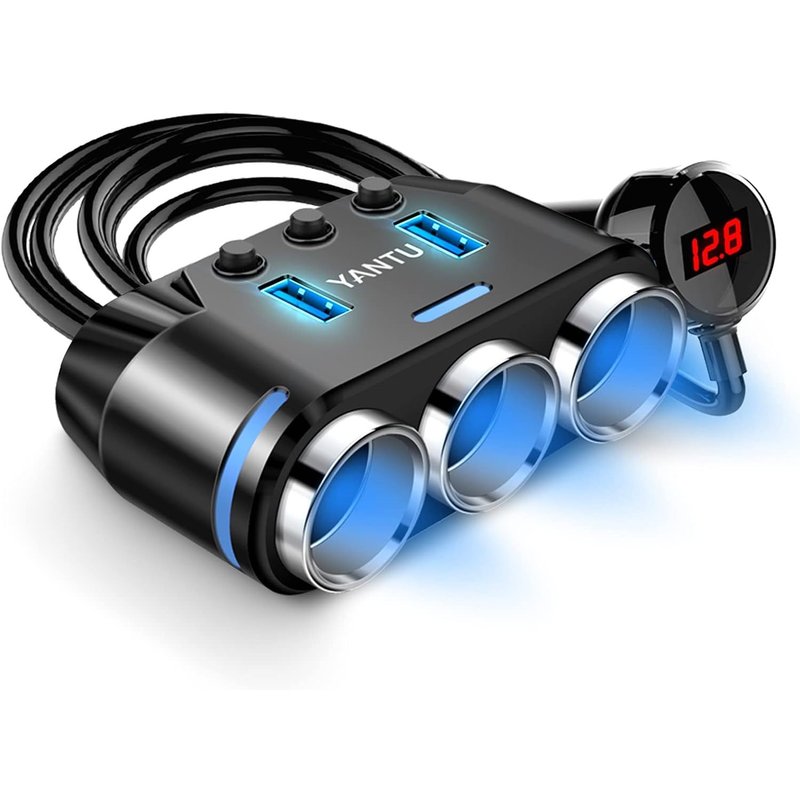 JGD-Adaptateur Allume-Cigare 3 Prises avec Affichage de la Tension LED Chargeur de Voiture Double USB Commutateurs Marche/arrêt 12 V Adaptateur répartiteur de Voiture Dashcam (Noir)