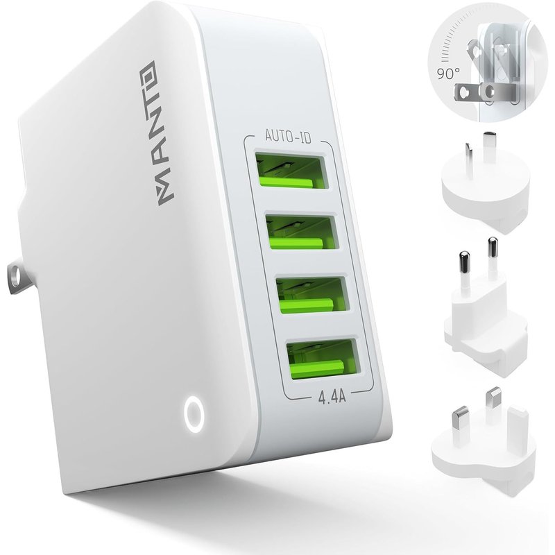 JGD-MANTO Adaptateur de Voyage International - Prise Universelle pour US, UK, EU, AU, 4 Ports USB-A, Charge Rapide 4,4 A/22 W