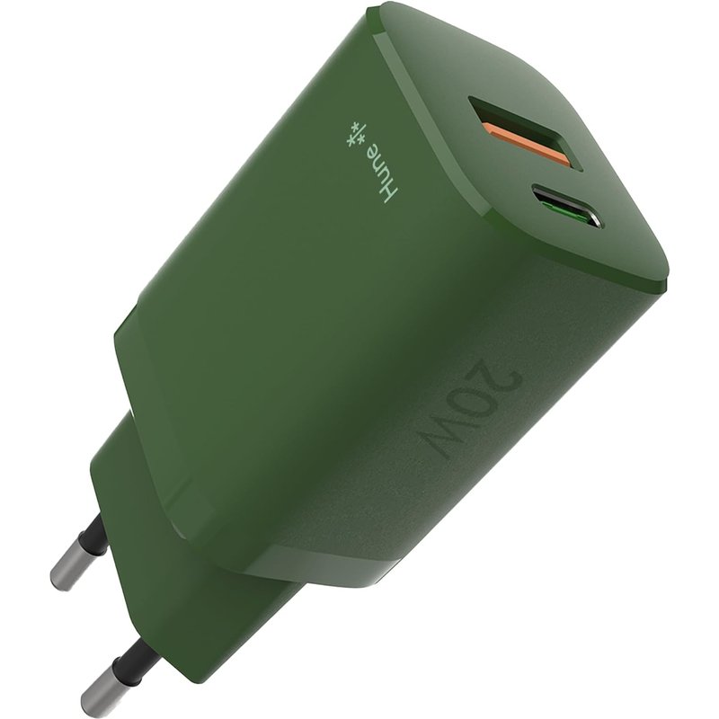 JGD-Huron D20 Chargeur mural 20 W, USB-C + USB-A, technologie GAN, plastique recyclé certifié