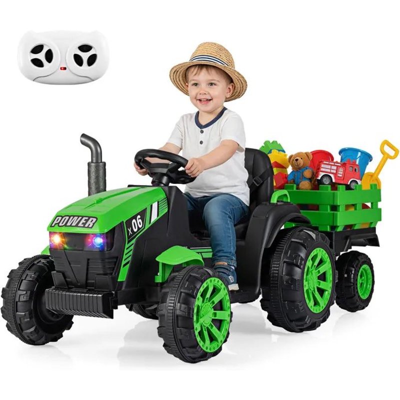 Costway Tracteur Electrique Enfant 24v/9ah - Remorque Amovible Et Télécommande 2.4g, Led, Musique, Port Usb, Pour 3-7 Ans Vert