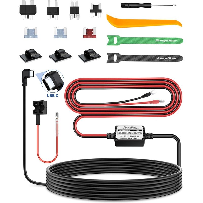 JGD-Dashcam Hardwire Kit 4m USB-C, 12V-24V à 5V 2,5A Chargeur de Voiture Ensemble de Fusibles à Fil Dur avec 4 Adaptateurs d'alimentation 3 Fusibles pour Caméras de Tableau de Bord