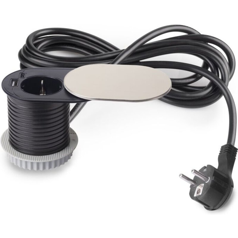 Multiconnecteur Vertikal Flat 60 - diamètre 60mm - 1 x prise Schuko - 1 x USB Type A - 1 x USB Type C - Acier et Plastique - Acier inoxydable