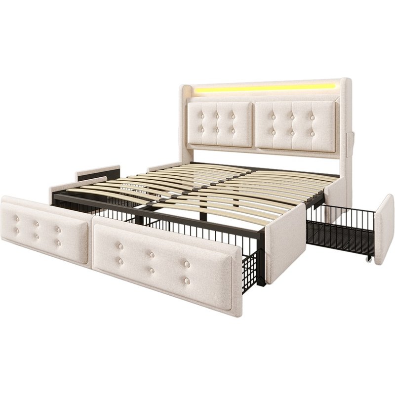 Lit avec tiroirs lit 160x200 avec tĂȘte de lit led et fonction de recharge 4 tiroirs rangements lin beige