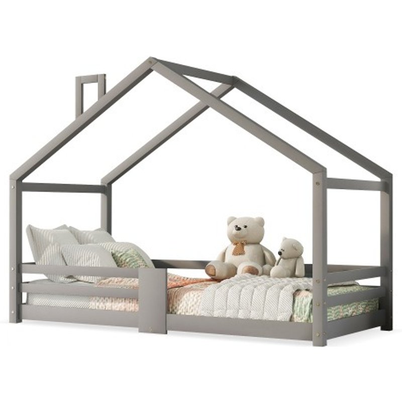 Lit cabane lit d'enfant lit de maison avec cheminée en pin maison lit 90x200 cm gris