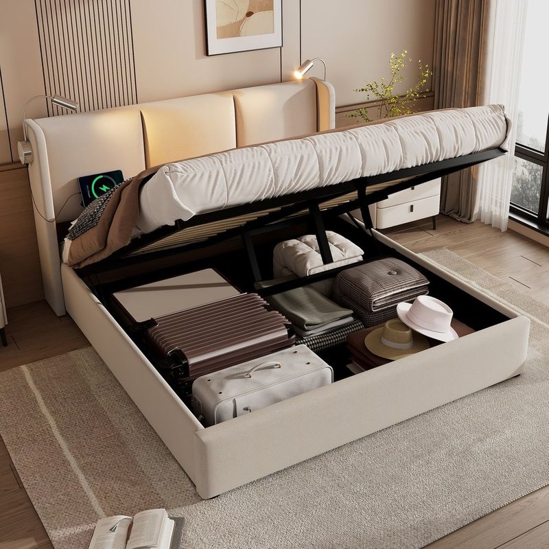 Lit coffre lit capitonné lit de rangement tiroirs cadre de lit de rangement lit jeune en pu 140x200 cm Beige