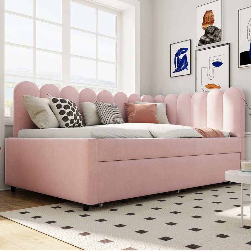 Lit gigogne rembourré en l 140x200 cm avec dossier à fleurs et lit enfant en velours rose