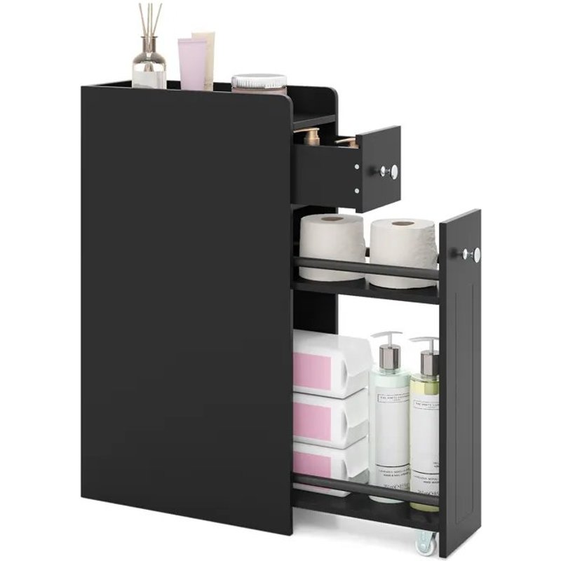 COSTWAY Meuble Toilettes WC Rangement Etroit - 4 Niveaux, Tiroirs Coulissants sur Roulettes, pour Salle de Bain 40x18x70cm Noir