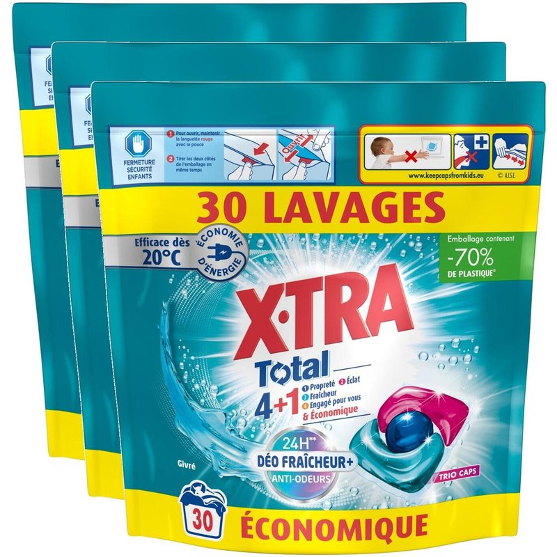 X-TRA Lot de 3 Lessives Trio-Capsule Total Déo Fraîcheur+ Givré x30