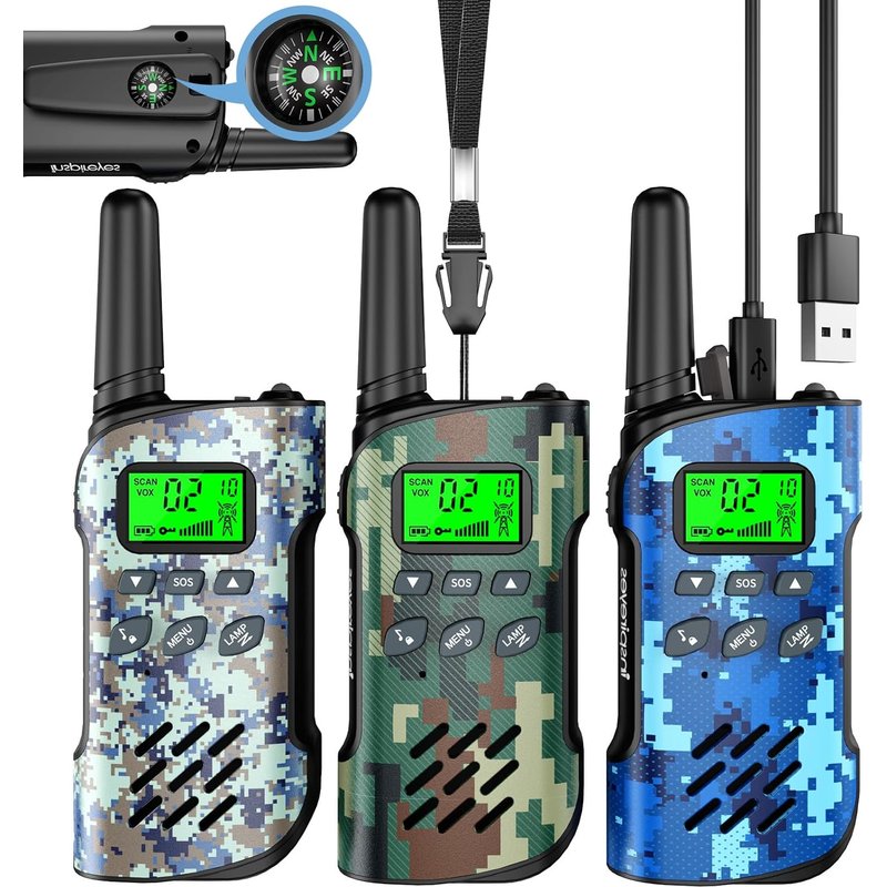 Walkie Talkie Kinder Aufladbar Mit Kompass, 48 Stunden Arbeitszeit, 8 Kanäle 2-Wege-Radio, Geschenke Für Jungen Mädchen, Outdoor Wandern Camping, 3-12 Jahre Altes Spielzeug 3Er Set, Camo