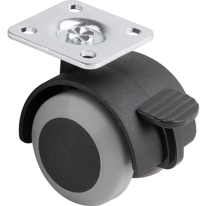 Roulette de meuble a bande souple O40mm avec platine et frein gris