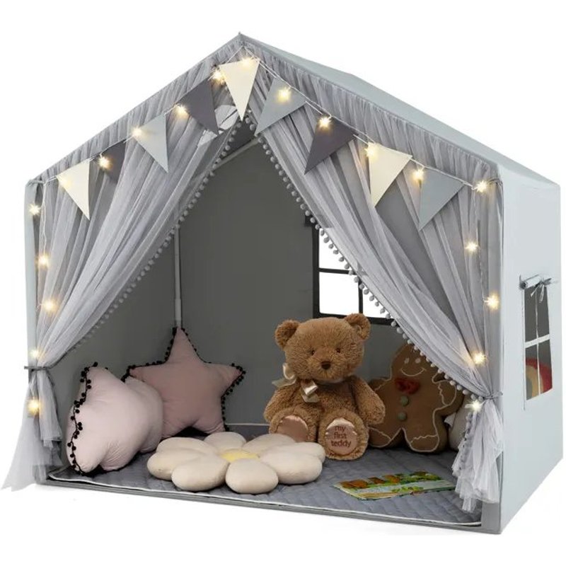 Tente De Jeu Pour Enfants Costway-Lumière Etoilée-Tapis En Coton-Fanion À Carreau-Rideau En Tissu-Fenêtre Respirante- Gris