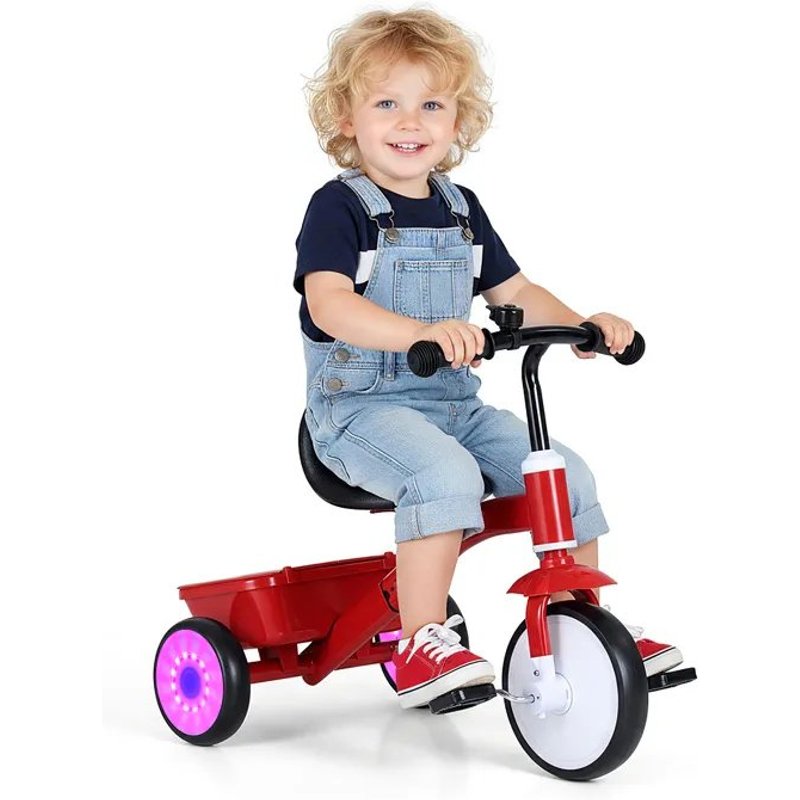 Costway Tricycle Enfant Avec Roues Lumineuses & Sonnette, Siège Réglable & Bac De Rangement, Pédales Amovibles Pour 3 À 5 Ans Rouge