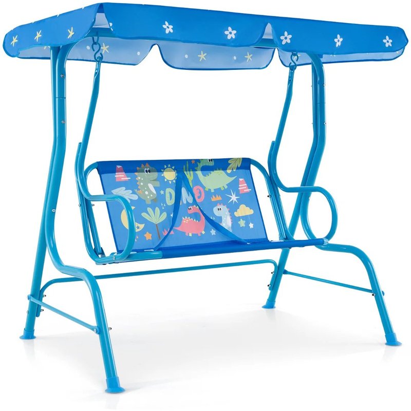 Balançoire Pour Enfants 112 X 76,5 X 111 Cm Avec Canopée Ajustable, Sécurité Maximale Et Design Avec Motifs Dinosaure En Métal Bleu Helloshop26 20_0010526