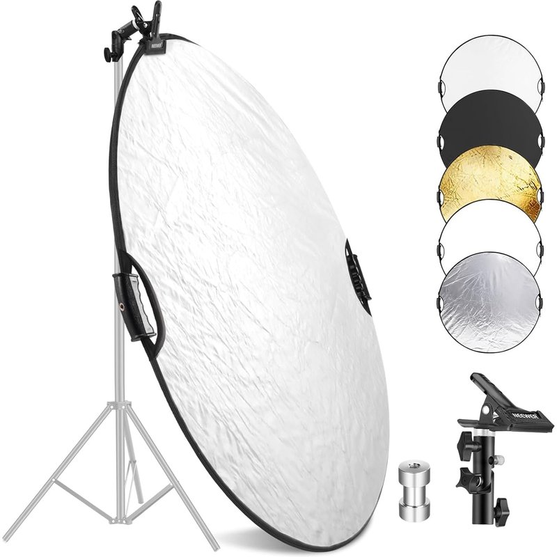 NEEWER 56cm Réflecteur Lumière avec Pince et Poignées, Réflecteur Photographie Multi-Disque Pliable 5 en 1 Translucide/Argent/Or/Blanc/Noir avec Filetage 3/8" pour Éclairage Extérieur Studio,RF-56II