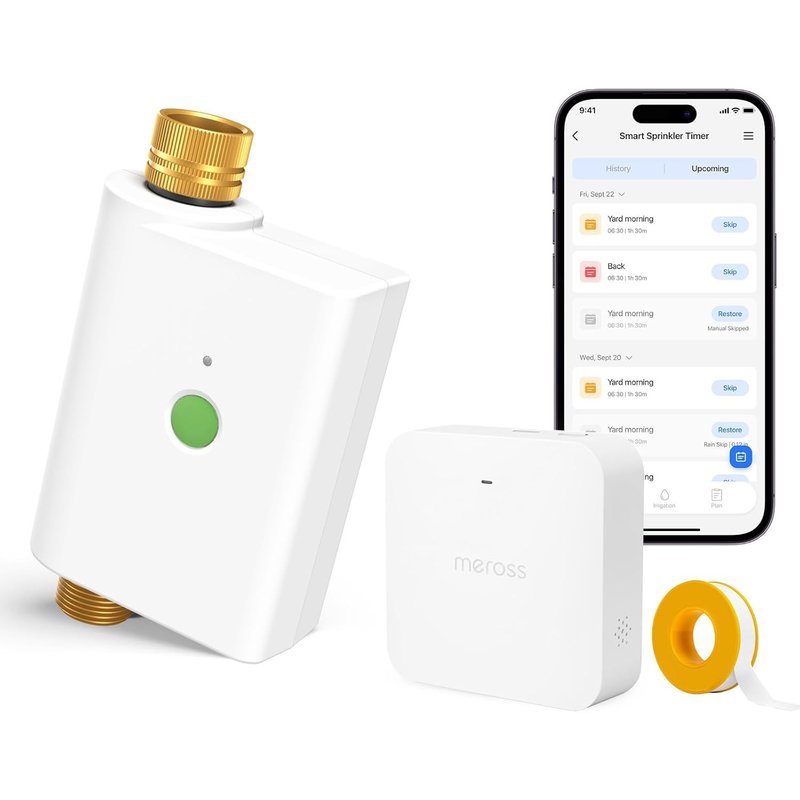 NouvelHorizonstore-Meross Programmateur Arrosage WiFi MST100 Arrosage Automatique & Report Pluie - APP Contrôle Suivi Conso d'eau Raccord Double en Laiton Compatible avec Apple HomeKit, Alexa