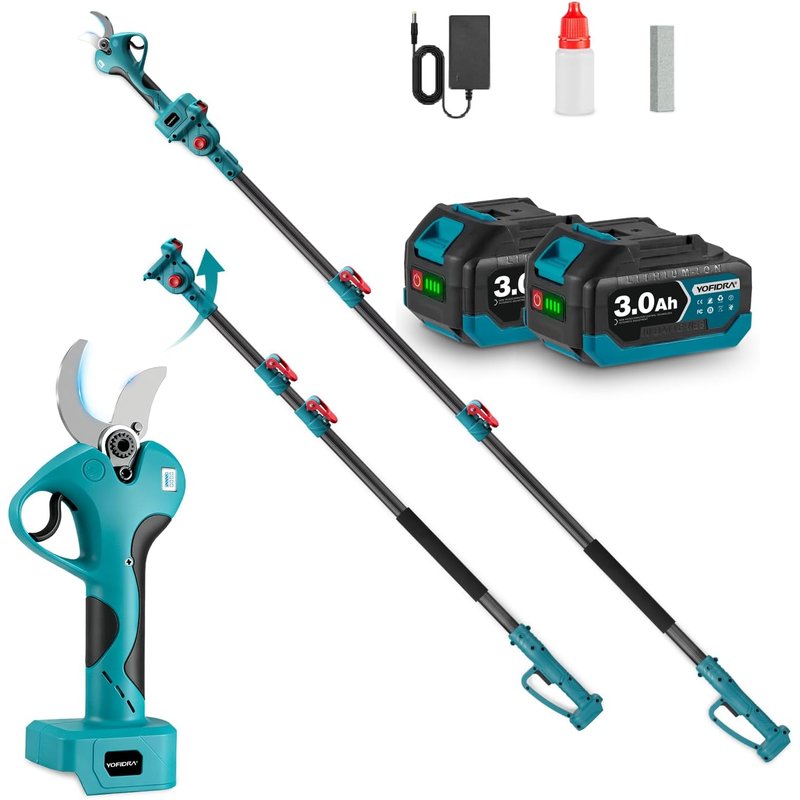 NouvelHorizonstore-Sécateur télescopique sans fil 2 en 1-45 mm - Avec batteries 2 x 3,0 Ah - Avec tige télescopique de 1.3 à 2,3 m - Lames en acier SK5 - Tête rotative à 180° - Sécateur sans fil pour