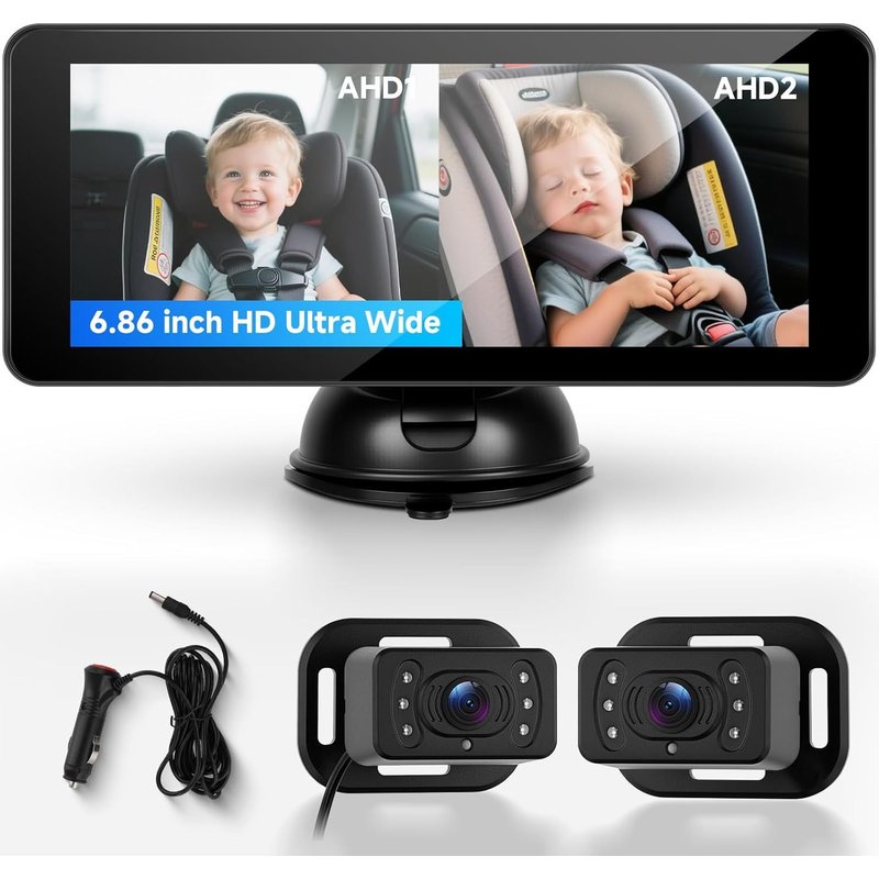 Nouvelhorizonstore-Camera Voiture Bebe, Miroir Voiture Bébé Hd Ips Ecran Divisé De 6,86 Pouces, Rotation 360° Caméra Pour Siège Bébé 2-Kids Avec Vision Nocturne, Grand Angle Moniteur Sécurité Facile