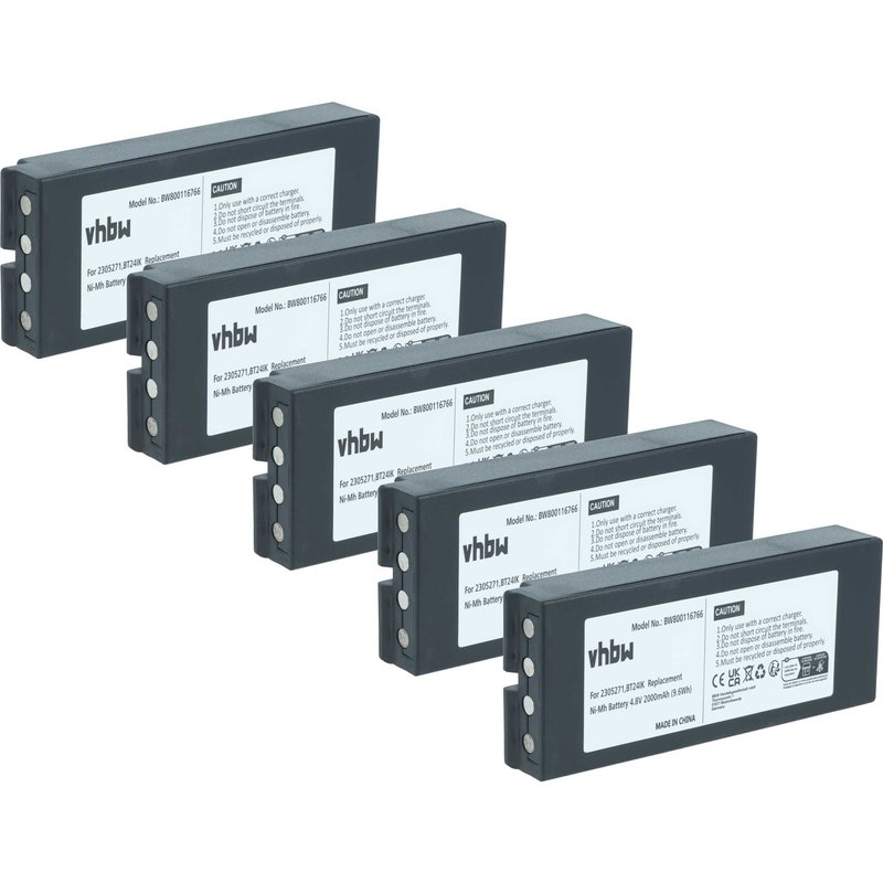 vhbw 5x Batterie remplacement pour Ikusi BT24IK, BT20K, 2305271 pour opérateur télécommande industrielle (2000mAh, 4,8V, NiMH)