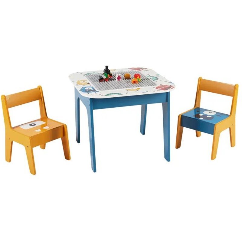 GINGER HOME Table Enfant Réversible avec 2 Chaises ¿ Plateau Double Face, Compatible Briques type LEGO, Dessin & Activités MONSTER