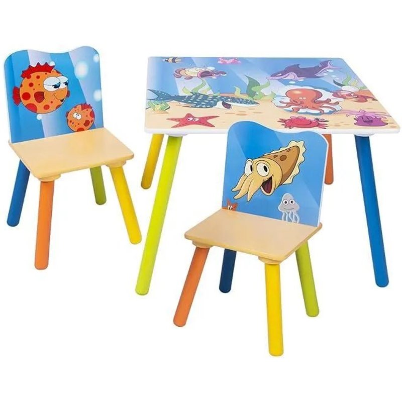 GINGER HOME Table Enfant et 2 Chaises en Bois ¿ Thème Animaux Marins ¿ Pour Dessin, Jeu, Apprentissage ¿ Dès 3 Ans