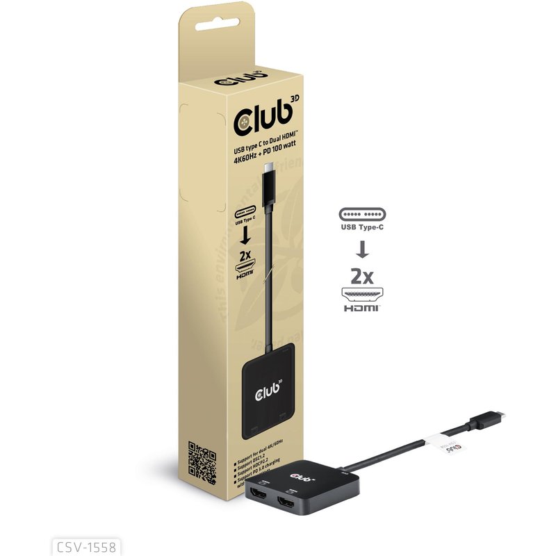 CLUB3D CSV-1558 répartiteur vidéo USB Type-C 2x HDMI