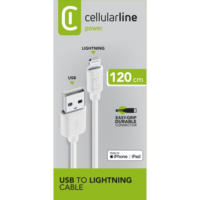 Cellularline Power Cable 120cm - Lightning Câble Lightning de charge et transfert de données.