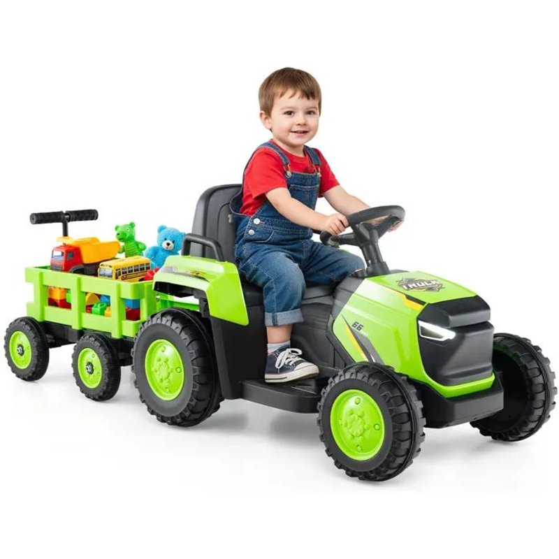 Costway Tracteur Electrique Enfant - Remorque Détachable, Télécommande 2.4g, Led, Klaxon, Musique, Démarrage En Douceur Vert Clair
