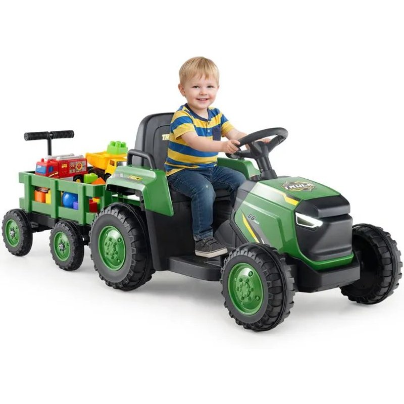 Costway Tracteur Electrique Enfant - Remorque Détachable, Télécommande 2.4g, Led, Klaxon, Musique, Démarrage En Douceur Vert Foncé