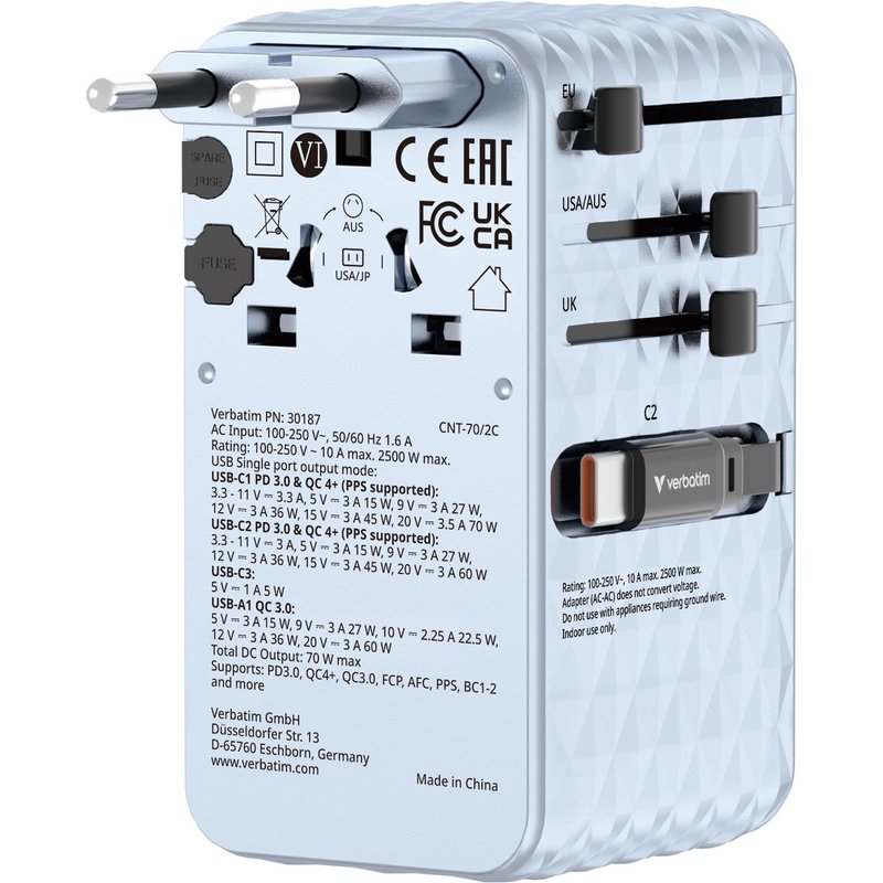 Verbatim Charge 'n' Travel 70W Universel Bleu Secteur Charge rapide Intérieure