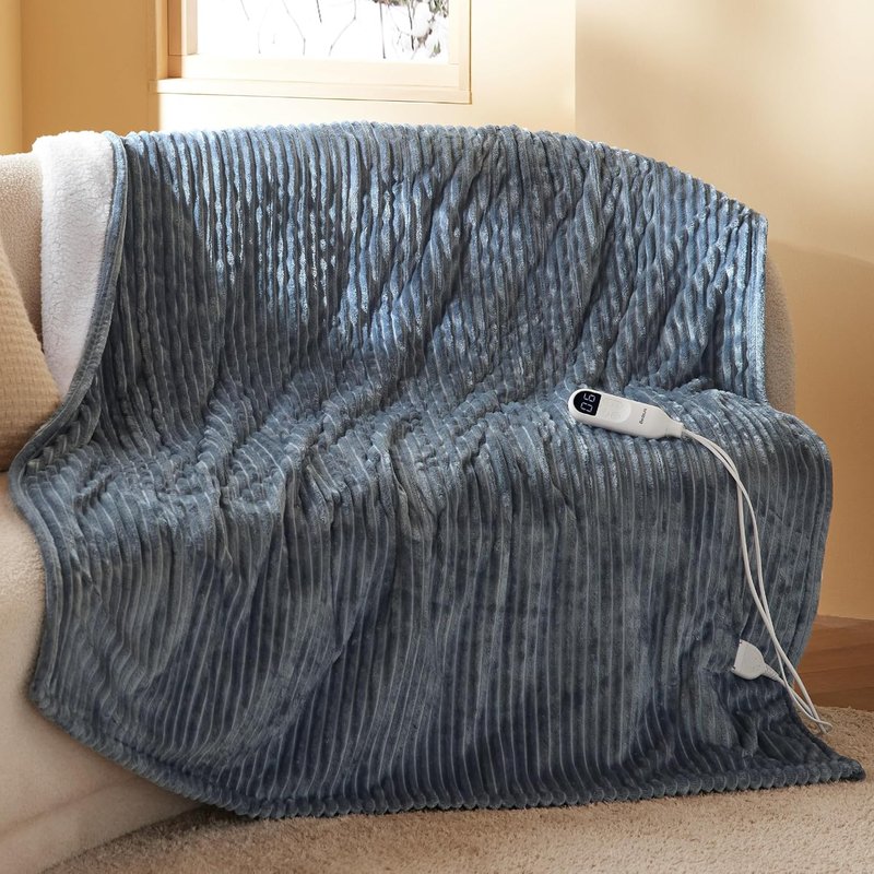 Couverture chauffante 130x180 cm, arrêt Automatique, 6 Niveaux de Chaleur, minuterie 10h, Protection surchauffe 8h, Douce électrique pour Maison & Bureau, Gris rayé