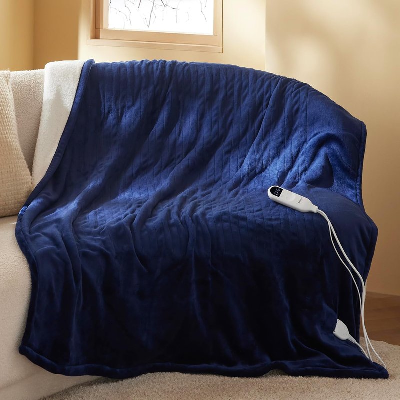 Couverture chauffante 130x180 cm, arrêt Automatique, 6 Niveaux de Chaleur, minuterie 10h, Protection surchauffe 8h, Douce électrique pour Maison & Bureau, Bleu Marine