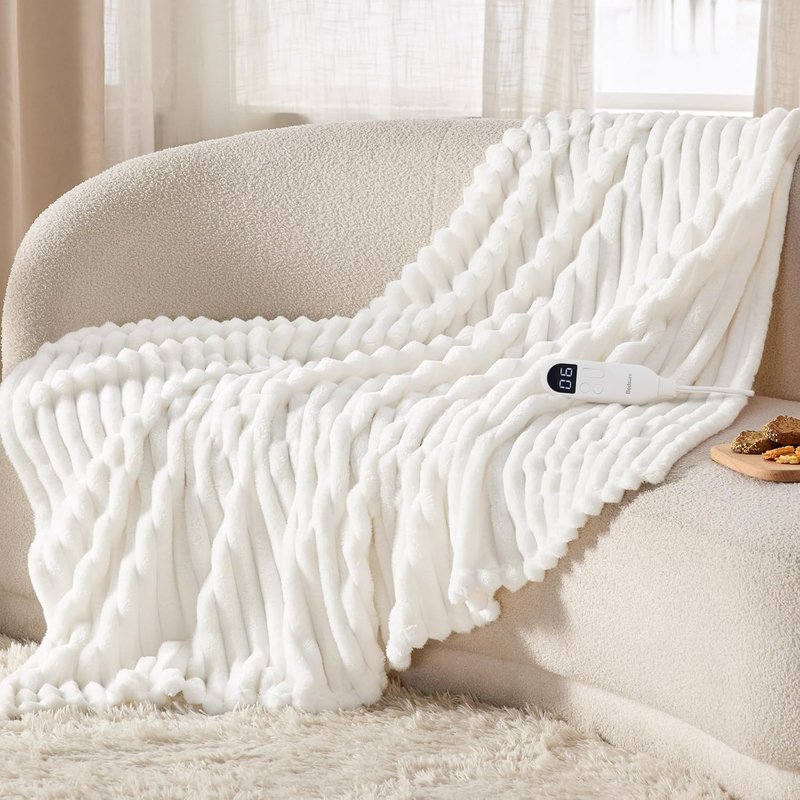 BEDSURE Couverture chauffante 130x180 cm, arrêt automatique, 6 niveaux de chaleur, minuterie 10h, protection surchauffe 8h, douce électrique pour maison & bureau, Blanc rayé large