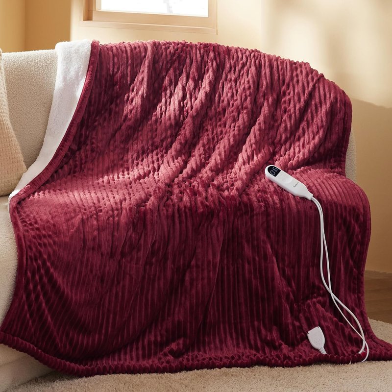 Couverture chauffante 130x180 cm, arrêt Automatique, 6 Niveaux de Chaleur, minuterie 10h, Protection surchauffe 8h, Douce électrique pour Maison & Bureau, Rouge Intense rayé