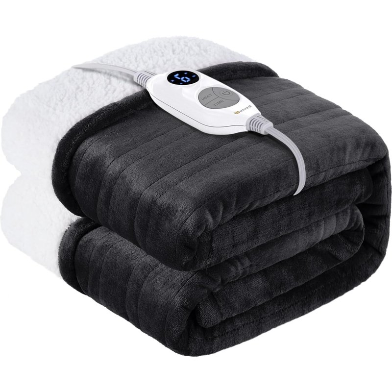 Couverture Chauffante Électrique 150x200 cm, Gris Flanelle Sherpa, 6 Niveaux De Température, 1-10 Heures Arrêt Automatique & Protection Contre La Surchauffe, Lavable en Machine