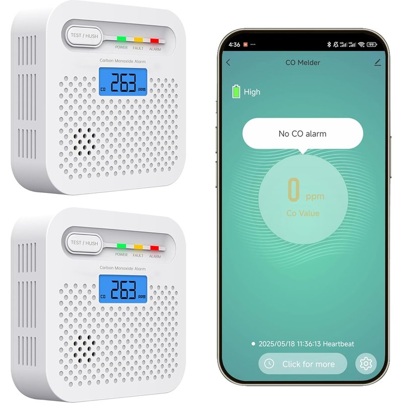 Détecteur de monoxyde de carbone intelligent, alarme de monoxyde de carbone WiFi pour la maison, surveillance à distance par app de détecteur d`alarme CO avec batterie de 10 ans, compatible Alexa.2PCS