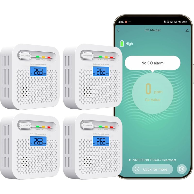 Détecteur de monoxyde de carbone intelligent, alarme de monoxyde de carbone WiFi pour la maison, surveillance à distance par app de détecteur d`alarme CO avec batterie de 10 ans, compatible Alexa.4PCS
