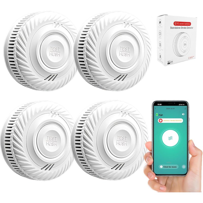 Détecteur de fumée Intelligent, Alarme Incendie, Alarme de fumée avec capteur photoélectrique avancé, Surveillance à Distance Via app avec Batterie de 10 Ans de durée de Vie, Alarme de 85 DB. 4PCS