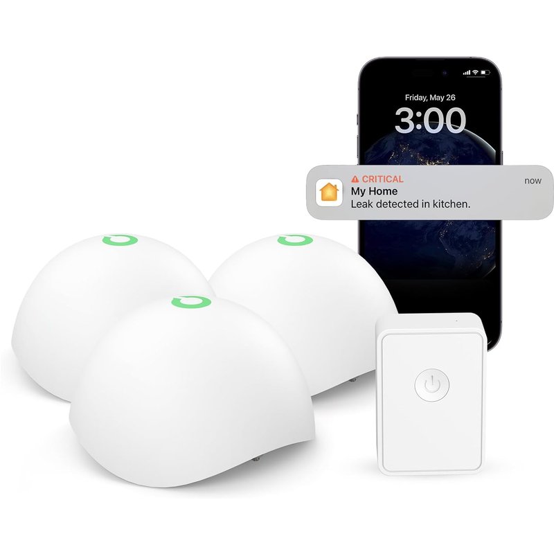 Détecteur de Fuite d'Eau Intelligent, Détecteur d'Indondation Compatible avec Apple HomeKit et SmartThings, Capteur d'Eau IP67 avec Surveillance à Distance et Notifications d'Appli, Lot de 3 avec Hub