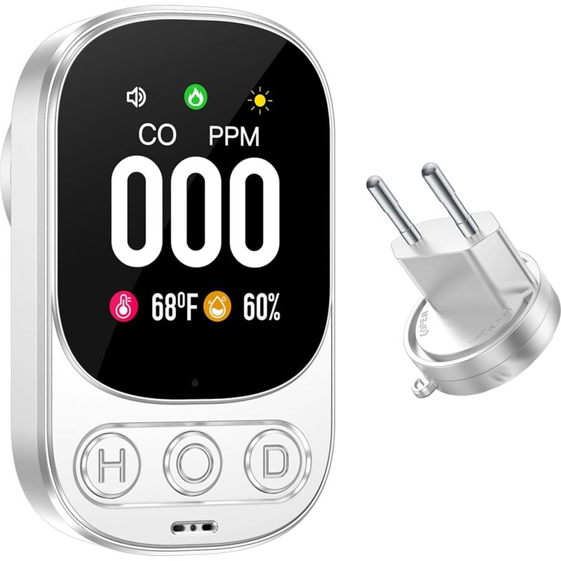 Détecteur de monoxyde de Carbone, détecteur de CO enfichable 3 en 1 avec Affichage de la température et de l'humidité, Mini Alarme de Voyage pour la Maison, avec Batterie intégrée