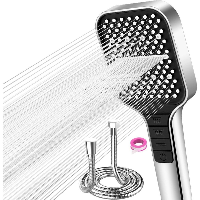 JGD-Pommeau de Douche avec Tuyau de 1,5 Mètre, Pomme de Douche à Economie D'eau avec 7 Modes D'eau, Pomme de Douche Pluie avec Bouton D'arrêt et Buse en Silicone Autonettoyante