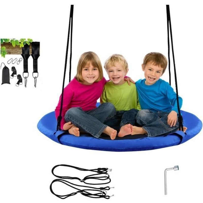 Costway Balançoire Nid D?Oiseau Rond 100 Cm Enfants Pour Arbre Extérieur-Cordes De Suspension Réglables 100-180cm-150 Kg-Bleu