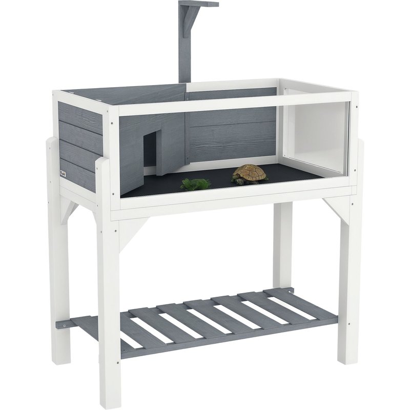 Maison Pour Tortue Sur Pied 2 Zones Étagère - Terrarium - Toit Ouvrant, Enclos, Support Lampe - Gris