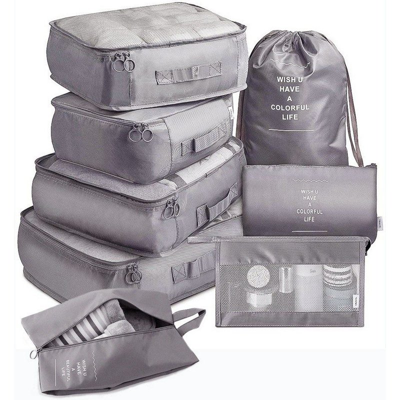 Ensemble de 8 cubes de rangement pour voyage - Gris - Comprend des organisateurs pour vĂŞtements, articles de toilette, chaussures et linge.