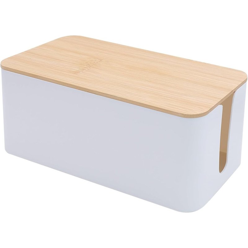 Boîte de Gestion des Câbles, Boîte de Rangement de Câbles Boite a Cable Blanche avec Couvercle en Bambou Boîte Cache Cable Organiser pour Ranger Les Câbles et Les Prises