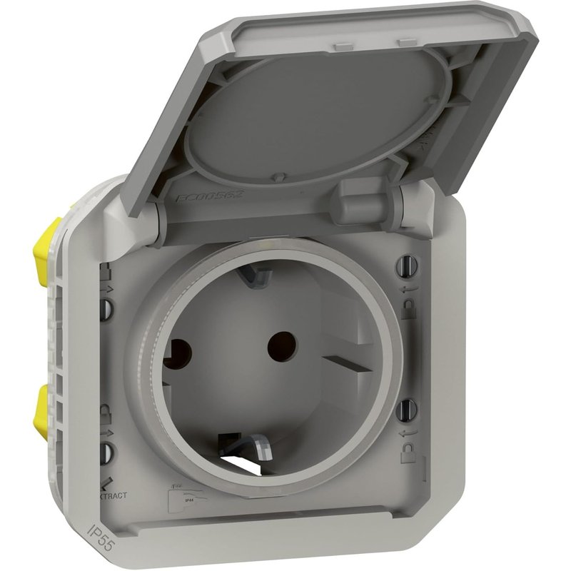 Plexo New 069570L Prise pour pièces humides standard Schuko avec couvercle à charnière, protection anti-contact, bornes enfichables, 16 A, 250 V, IP44 - IK08 (IP55 avec couvercle fermé), gris