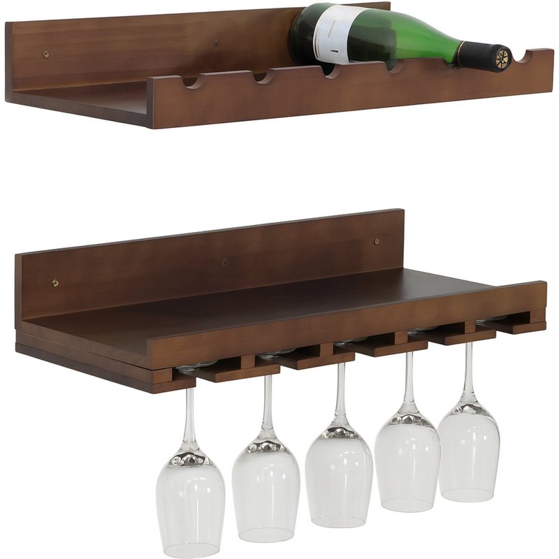 Lot de 2 casiers à vin HWC-P22, porte-verres/bouteilles, bar mural pour 6 bouteilles/15 verres, bois certifié MVG, 61 x 28 cm marron
