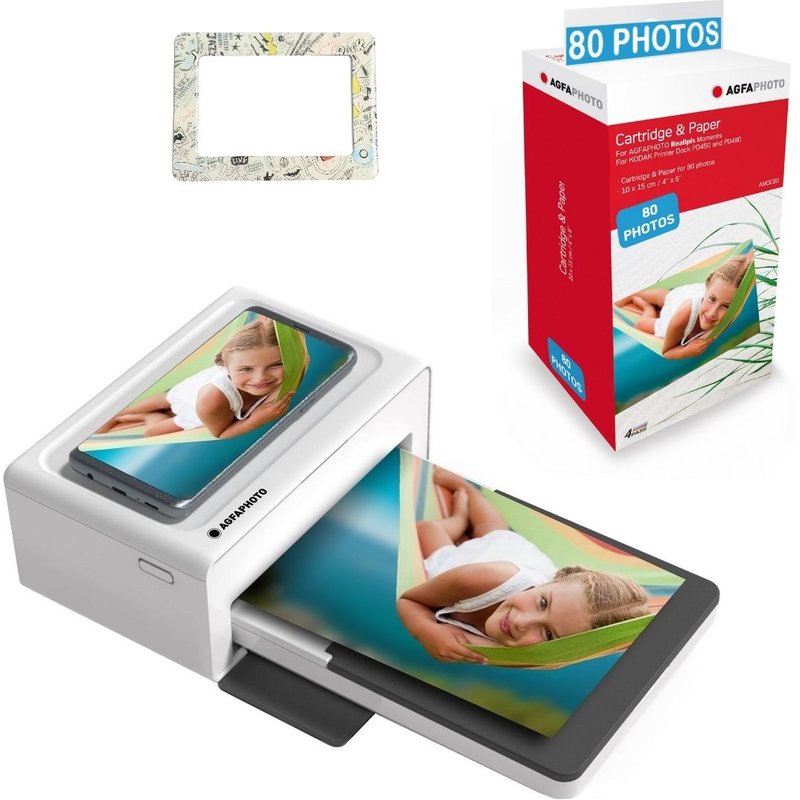 AGFA PHOTO Pack Imprimante Realipix Moments + Cartouche 80 photos 10x15 cm + Joli cadre magnétique - Bluetooth - Blanc - Blanc