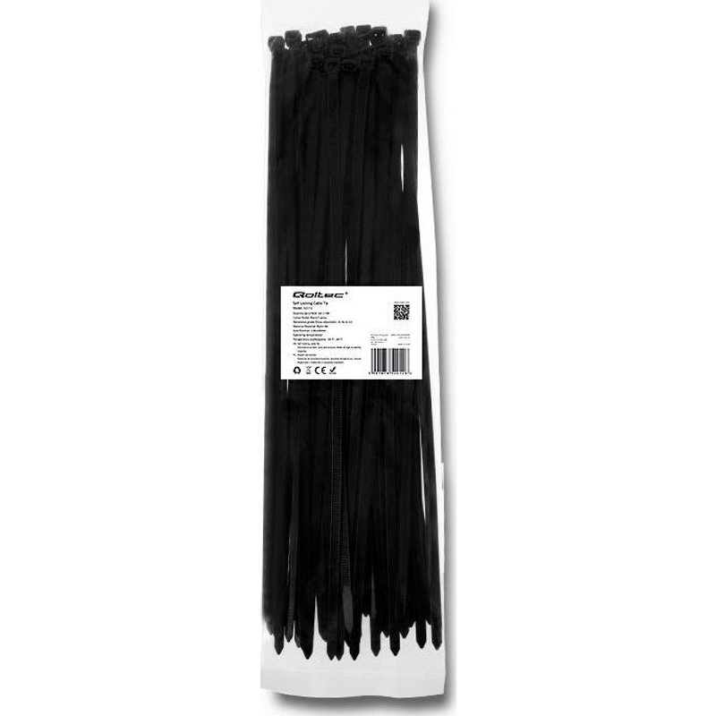 Colliers De Serrage Qoltec 7,2 X 400 Mm 50 Pièces Nylon 66 Uv Noir